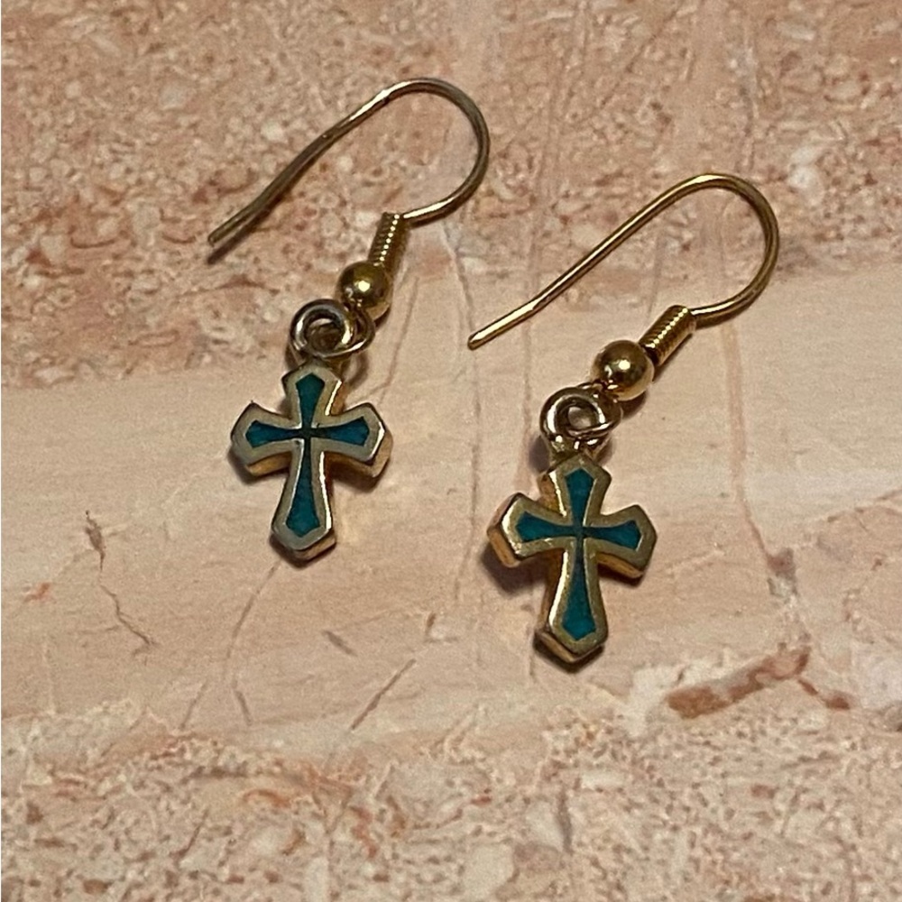 🗳️Dainty Gold and Turquoise Cross Dangle Earrings